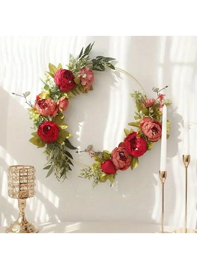 11 81 Inch Golden Metal Flower Wreath With Pink Roses Green Foliage Wooden Base Wedding Home Decor - Image 2